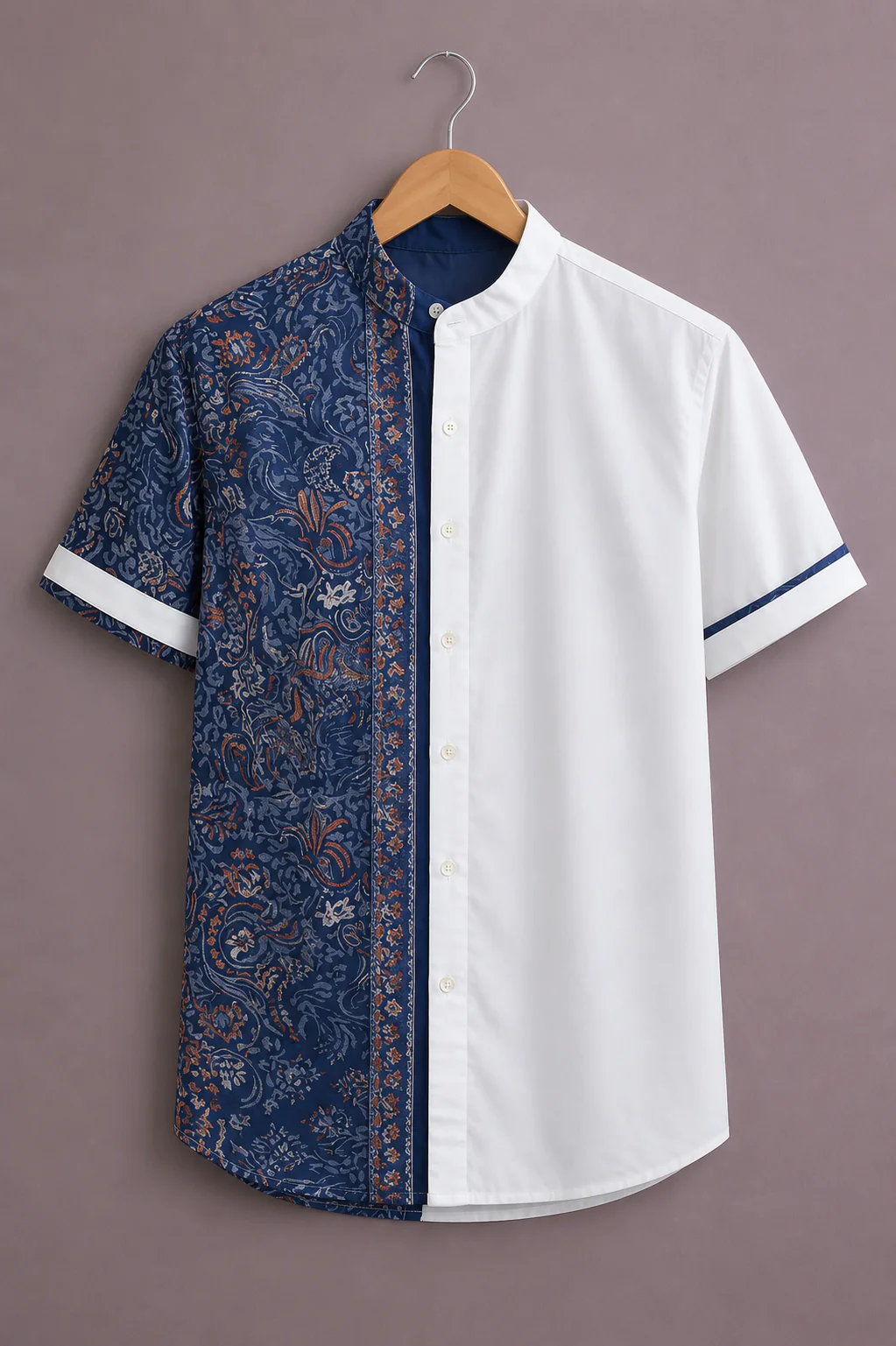 Clothav Men's Premium Half & Half Printed Casual Mandarin Collar Cotton Shirt | Stylish Party & Casual Wear | Oversized Fit | XS–6XL