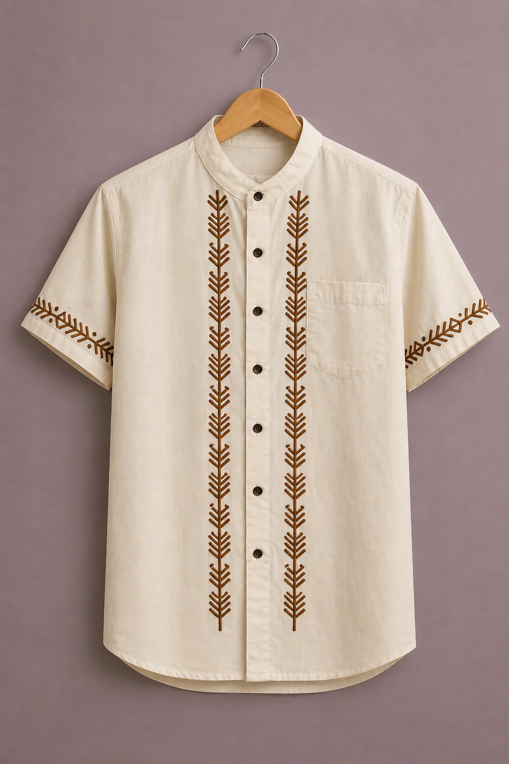 Clothav Men's Premium Embroidered Mandarin Collar Shirt | Elegant Casual Cotton Blend Half Sleeve Shirt | XS–6XL