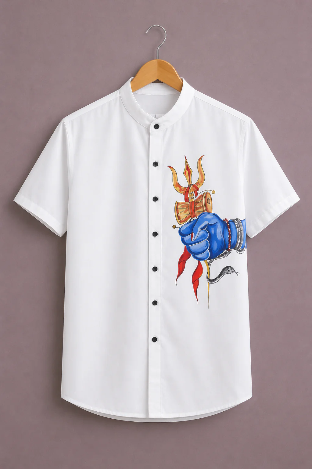 Clothav Men's Premium White Graphic Print Mandarin Collar Shirt | Stylish Shiva Trishul Printed Casual Half Sleeve Shirt | XS–6XL