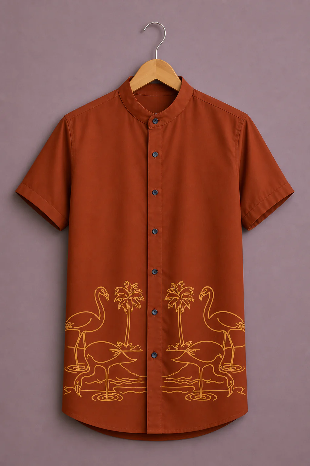 Clothav Men's Premium Rust Brown Flamingo Print Mandarin Collar Shirt | Stylish Tropical Casual Half Sleeve Cotton Blend Shirt | XS–6XL