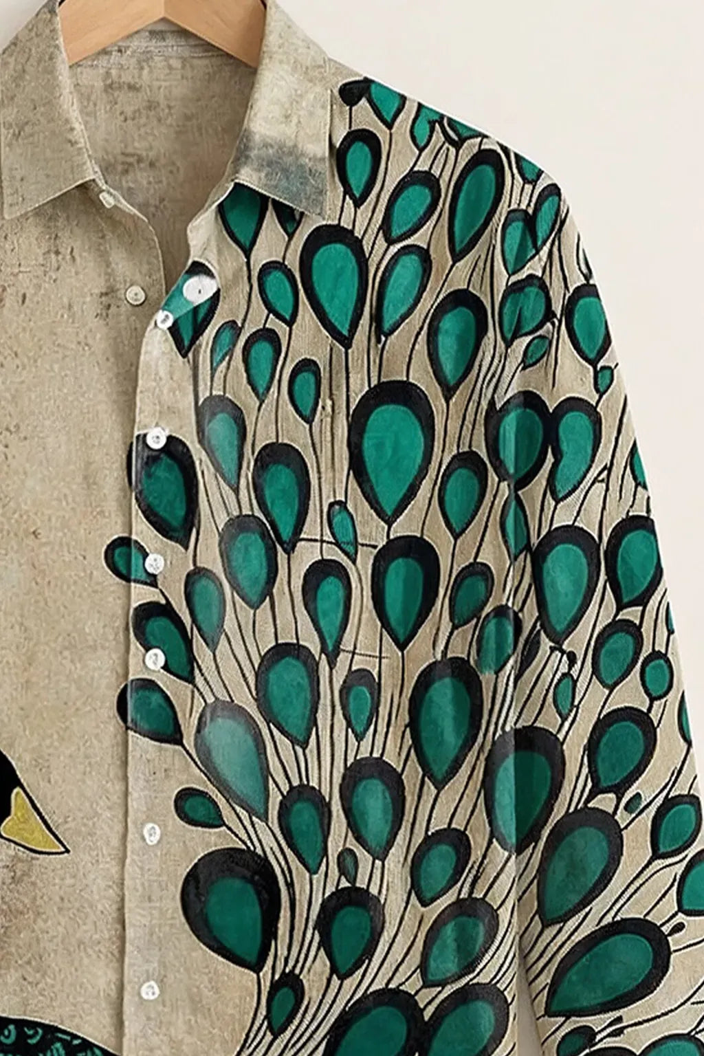 Clothav Men's Premium Beige Peacock Art Printed Full Sleeve Shirt | Artistic Bird Graphic Casual Shirt | XS–6XL