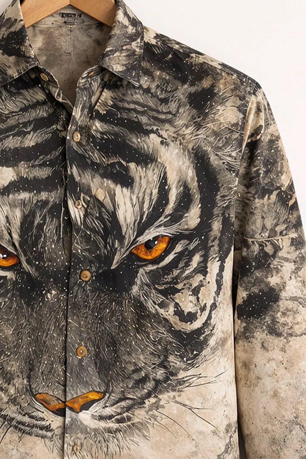 Clothav Men's Premium Black Beige Tiger Face Graphic Printed Full Sleeve Shirt | Bold Animal Art Casual Shirt | XS–6XL