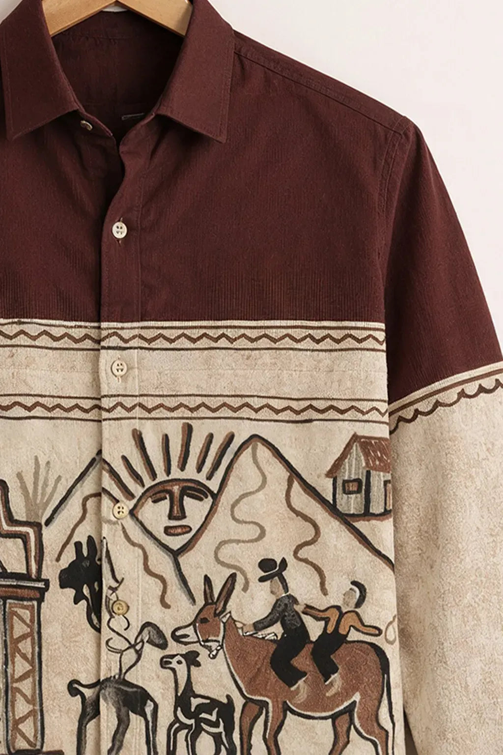 Clothav Men's Premium Brown Beige Tribal Art Printed Full Sleeve Shirt | Vintage Ethnic Casual Shirt | XS–6XL