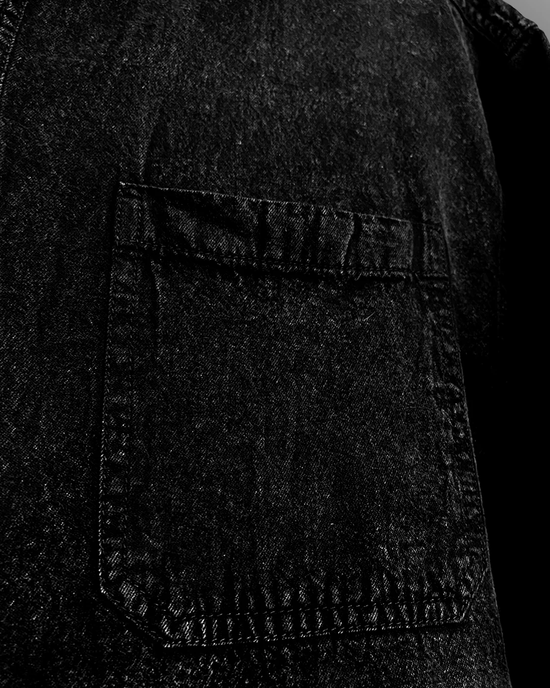 Clothav What The Flex Black Washed Denim Oversized Half Sleeve Shirt for Men & Women | Minimal Graphic Streetwear