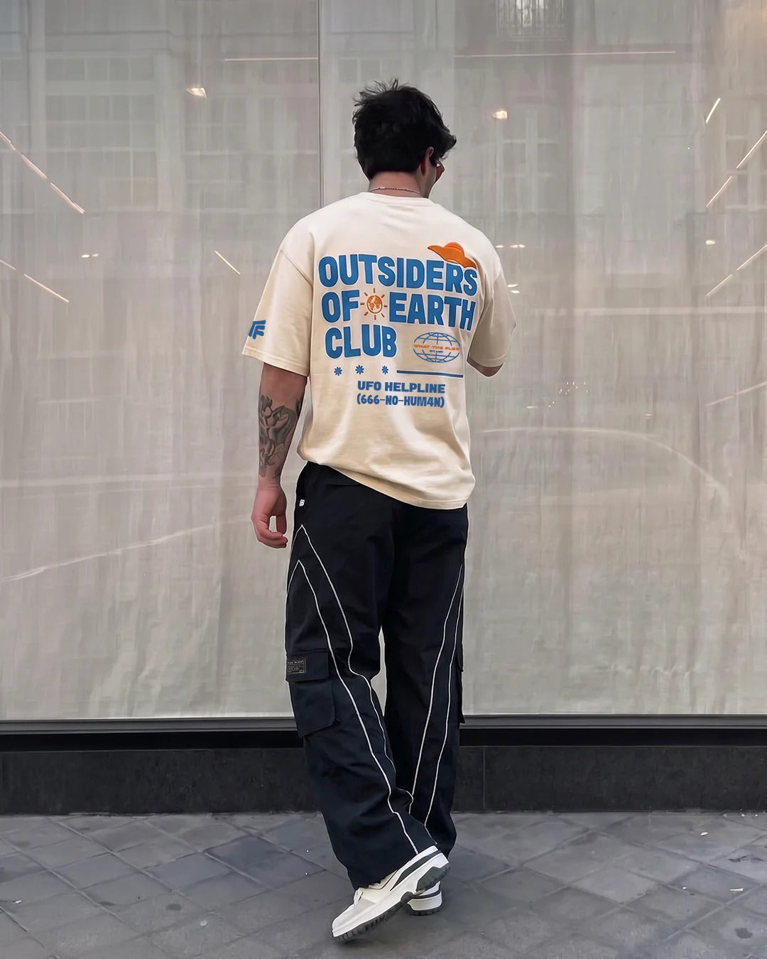 Clothav Outsiders Of Earth Club Graphic Oversized T-Shirt for Men & Women | Beige UFO Streetwear Tee