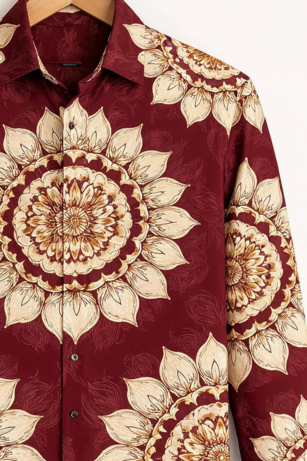 Clothav Men's Premium Maroon Mandala Floral Printed Full Sleeve Shirt | Luxury Artistic Casual Shirt | XS–6XL