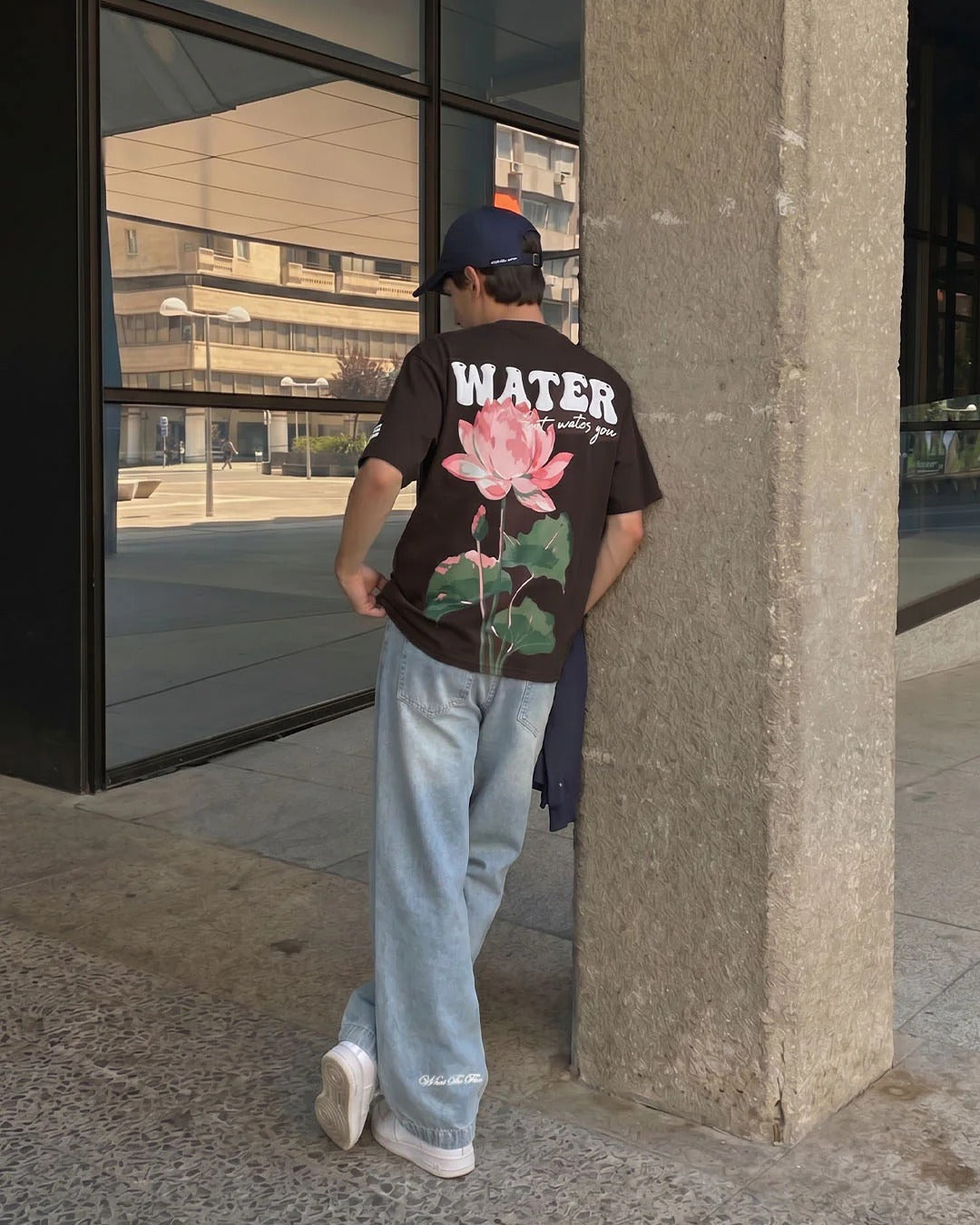 Clothav Water Lotus Graphic Brown Oversized T-Shirt for Men & Women | Floral Back Print Streetwear