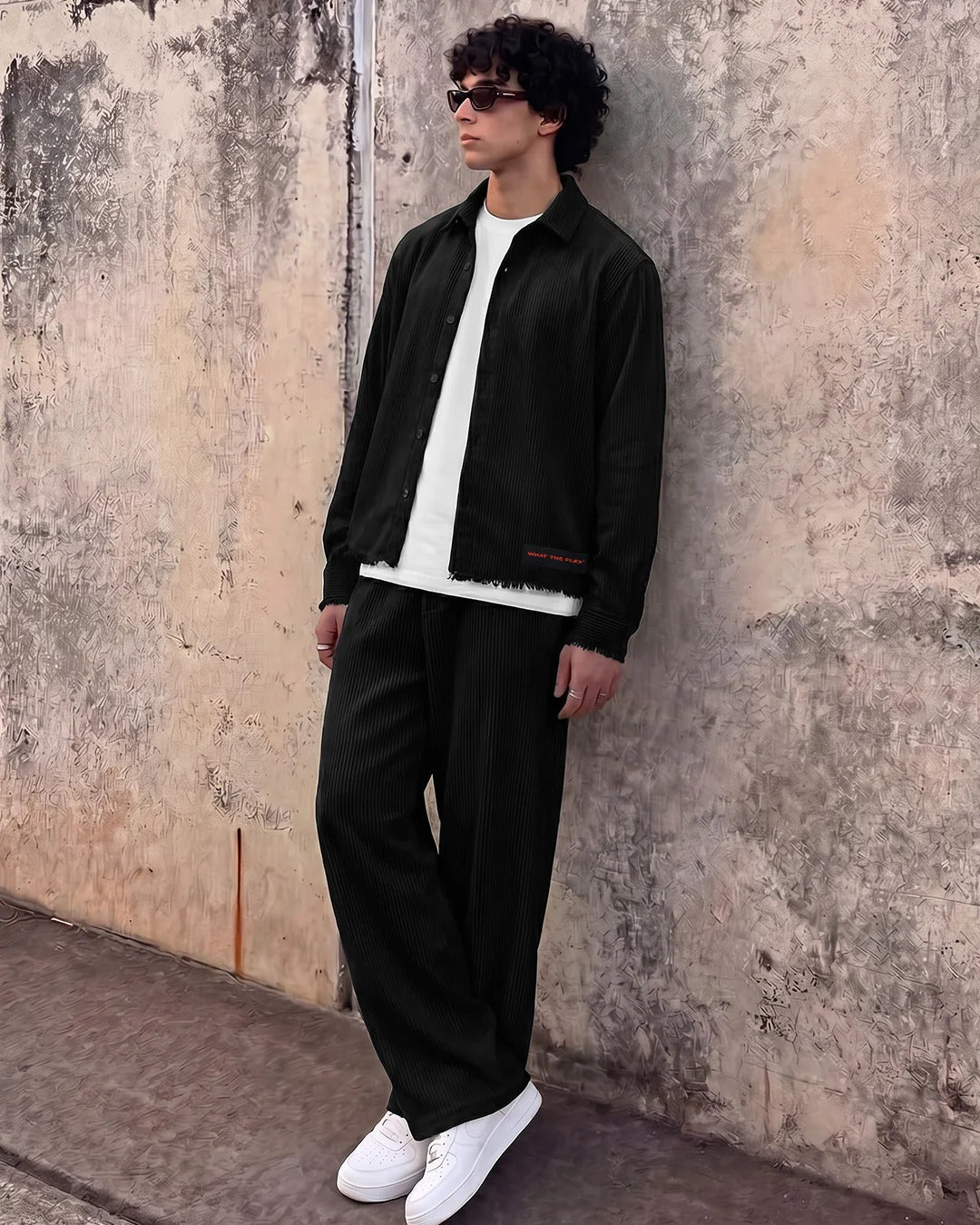Clothav Abstract Eyes Patchwork Black Corduroy Oversized Shirt Jacket for Men & Women | Artistic Graphic Back Print Streetwear