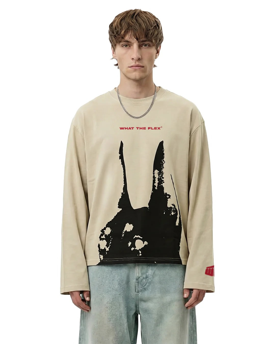 Clothav "I Got The Dawg In Me" Graphic Oversized Full Sleeve T-Shirt for Men & Women | Beige Statement Streetwear Tee