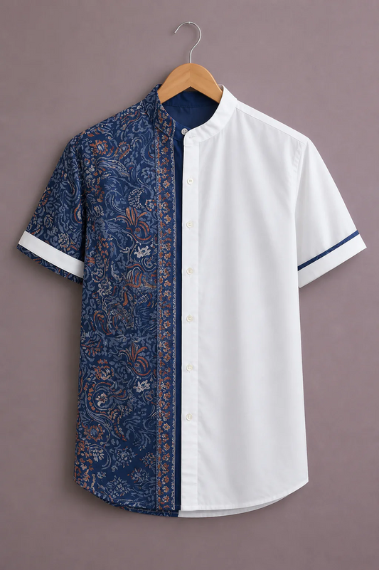 Clothav Men's Premium Half & Half Printed Casual Mandarin Collar Cotton Shirt | Stylish Party & Casual Wear | Oversized Fit | XS–6XL