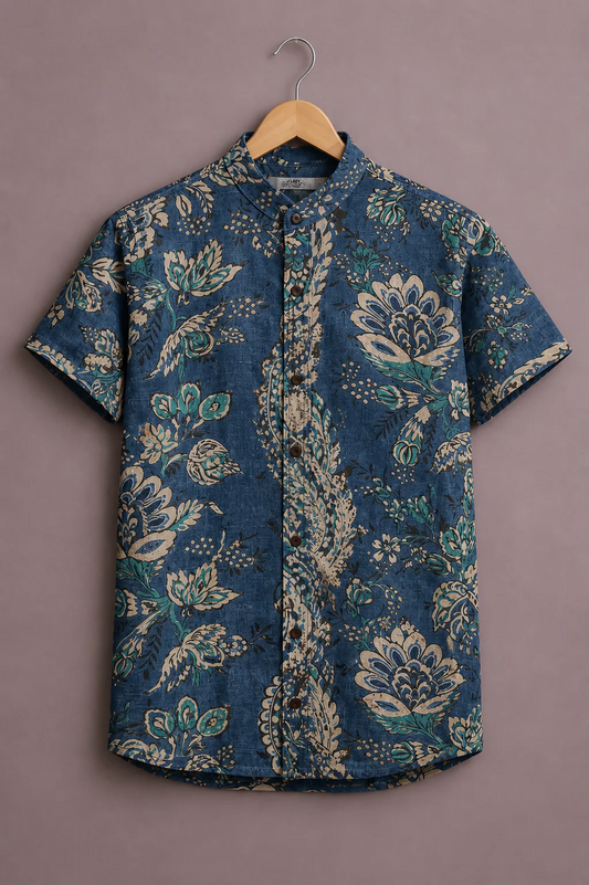 Clothav Men's Premium Floral Printed Casual Cotton Shirt | Stylish Half Sleeve Summer Shirt | Mandarin Collar | XS–6XL