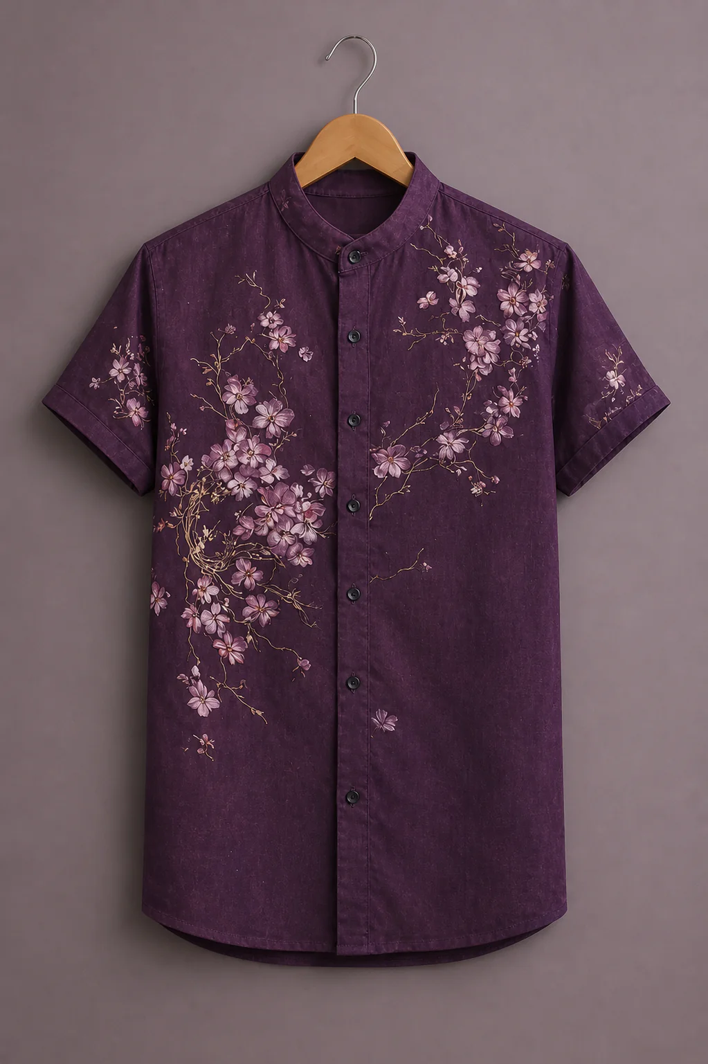 Clothav Men's Premium Floral Printed Mandarin Collar Shirt | Elegant Casual Half Sleeve Cotton Blend Shirt | XS–6XL