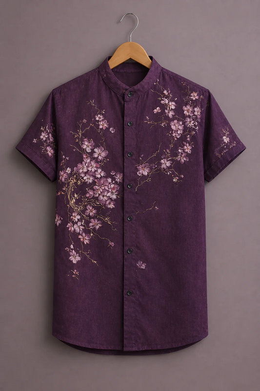 Clothav Men's Premium Floral Printed Mandarin Collar Shirt | Elegant Casual Half Sleeve Cotton Blend Shirt | XS–6XL