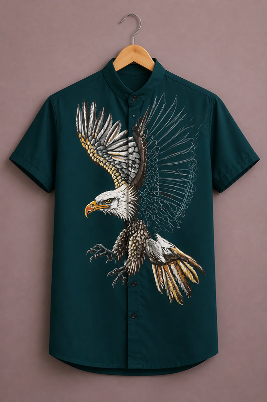 Clothav Men's Premium Eagle Graphic Mandarin Collar Shirt | Designer Casual Half Sleeve Cotton Blend Shirt | XS–6XL