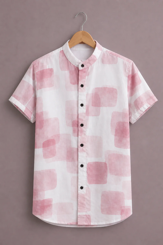 Clothav Men's Premium Abstract Printed Mandarin Collar Shirt | Soft Cotton Blend Casual Half Sleeve Shirt | XS–6XL