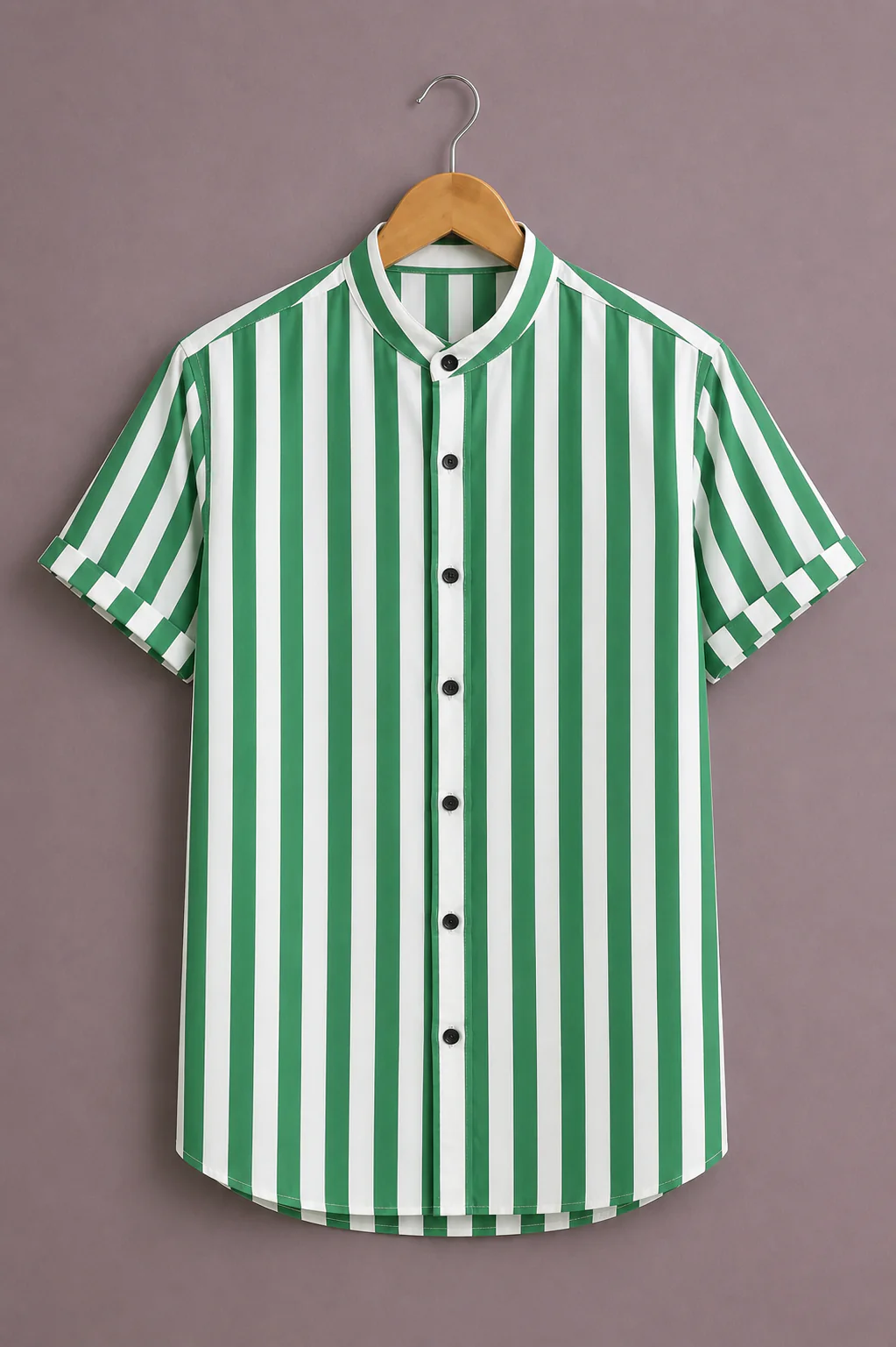 Clothav Men's Premium Green & White Vertical Striped Mandarin Collar Shirt | Stylish Casual Half Sleeve Cotton Blend Shirt | XS–6XL