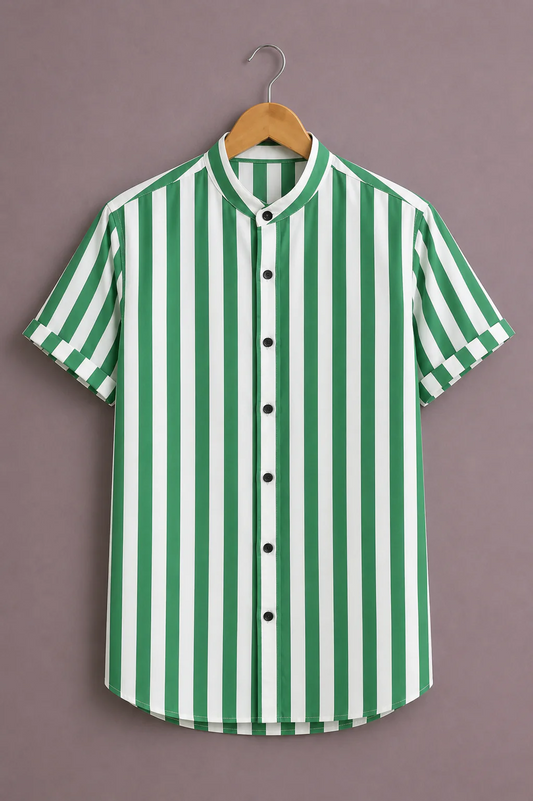Clothav Men's Premium Green & White Vertical Striped Mandarin Collar Shirt | Stylish Casual Half Sleeve Cotton Blend Shirt | XS–6XL