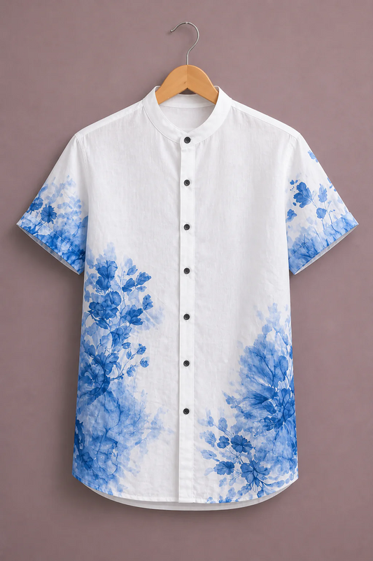 Clothav Men's Premium White & Blue Floral Print Mandarin Collar Shirt | Elegant Casual Half Sleeve Cotton Blend Shirt | XS–6XL