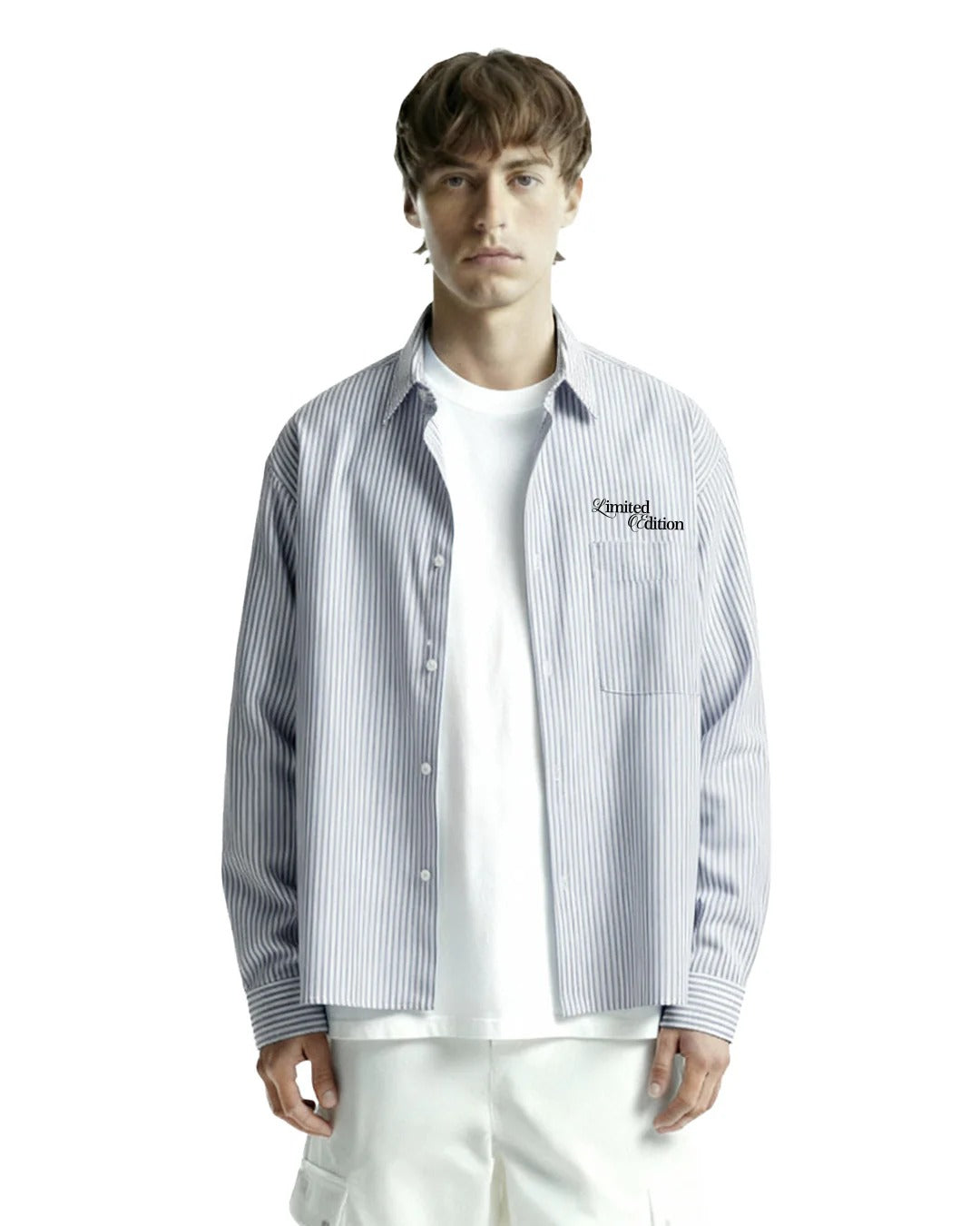 Clothav Made In Twenties Graphic Striped Oversized Full Sleeve Shirt for Men & Women | White Pinstripe Streetwear Shirt