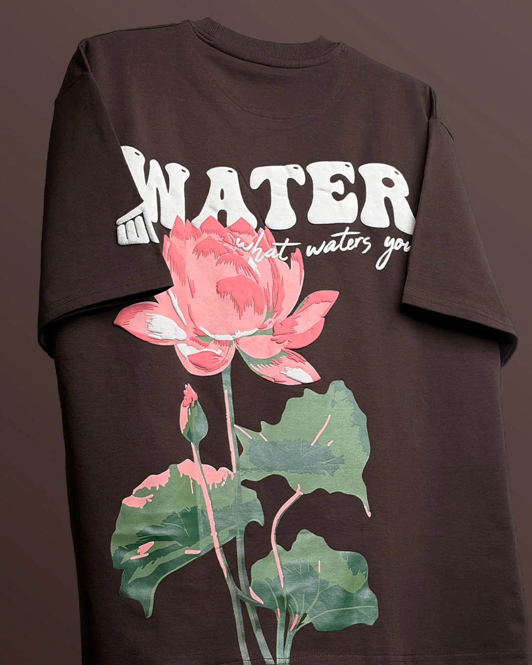 Clothav Water Lotus Graphic Brown Oversized T-Shirt for Men & Women | Floral Back Print Streetwear