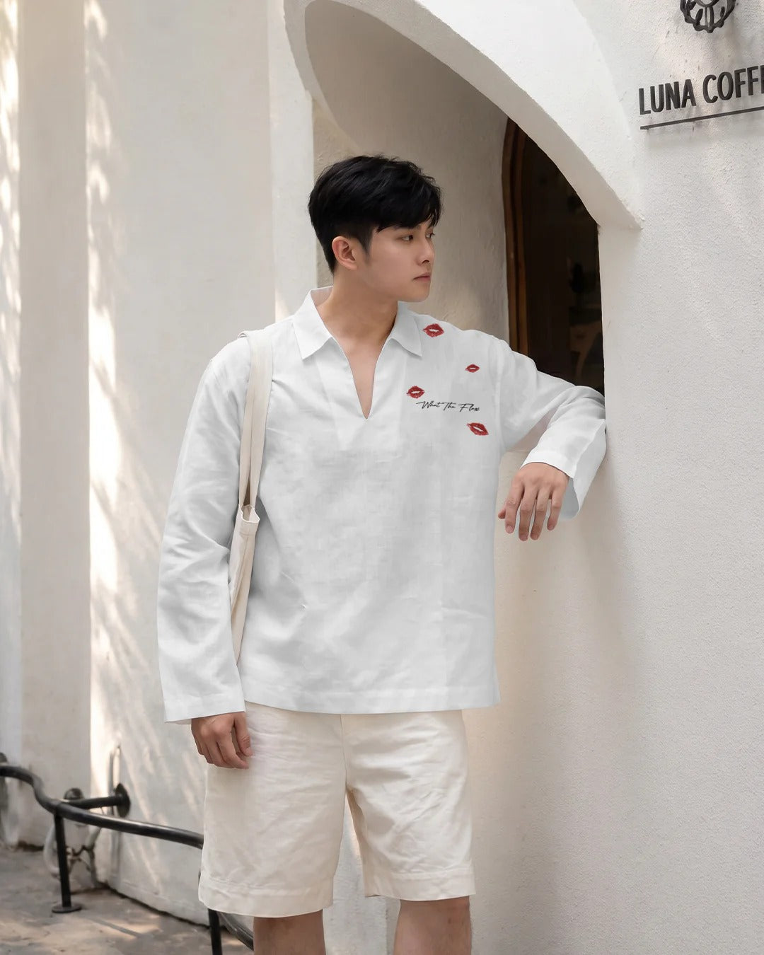 Clothav Anti Romantic Kiss Print White Oversized Shirt Jacket for Men & Women | Graphic Back Print Casual Streetwear