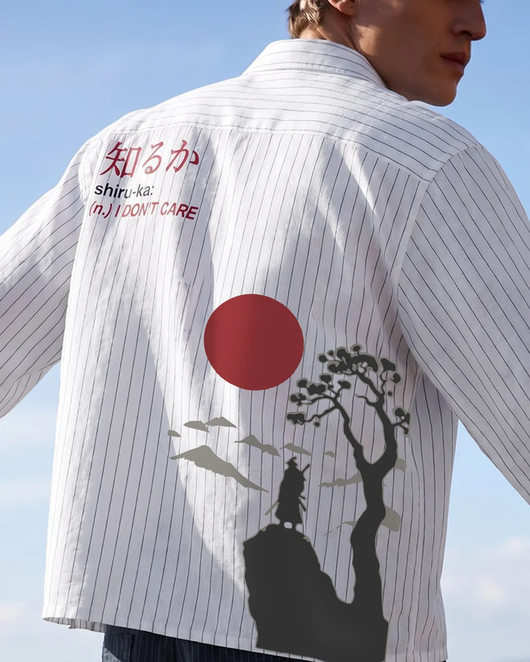 Clothav Shiru-Ka I Don't Care Graphic White Pinstripe Oversized Shirt Jacket for Men & Women | Japanese Streetwear Back Print
