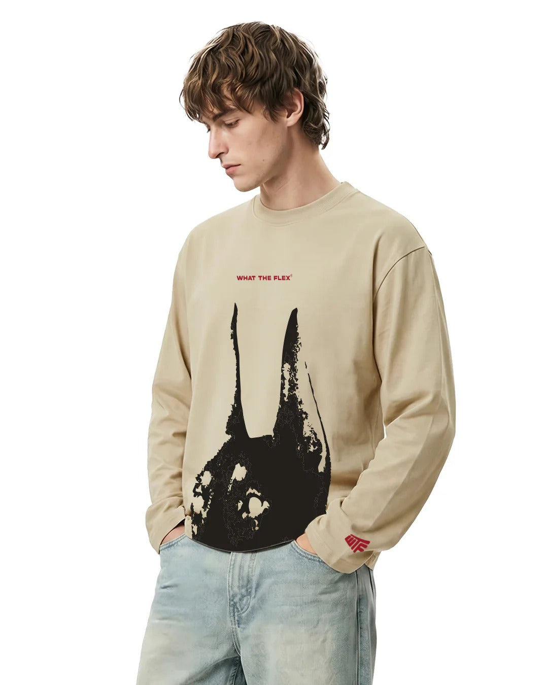 Clothav "I Got The Dawg In Me" Graphic Oversized Full Sleeve T-Shirt for Men & Women | Beige Statement Streetwear Tee
