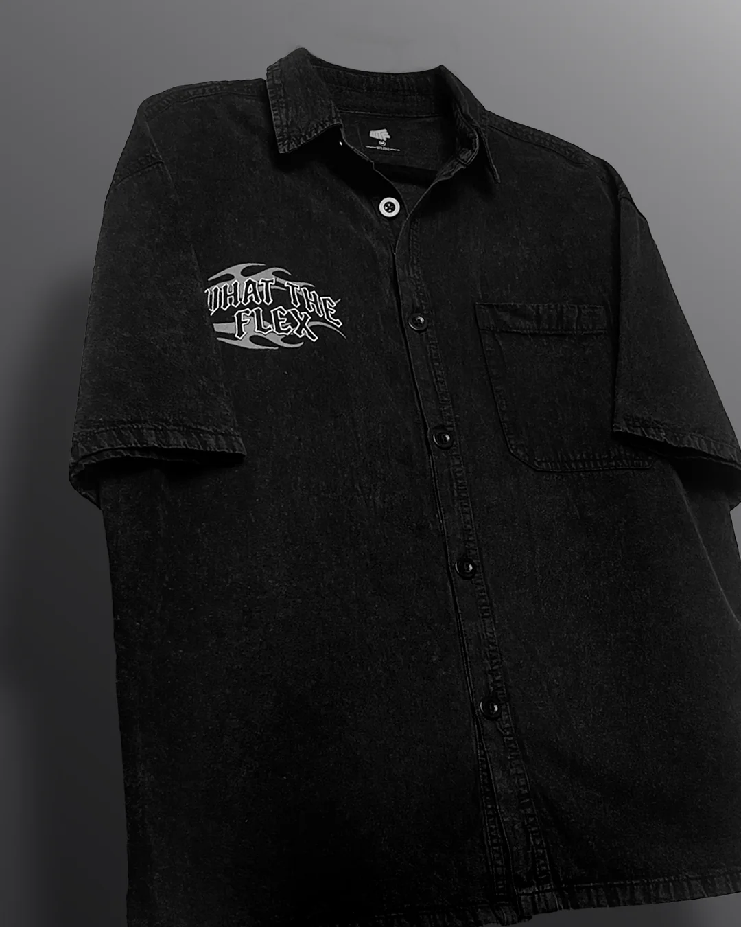 Clothav What The Flex Black Washed Denim Oversized Half Sleeve Shirt for Men & Women | Minimal Graphic Streetwear