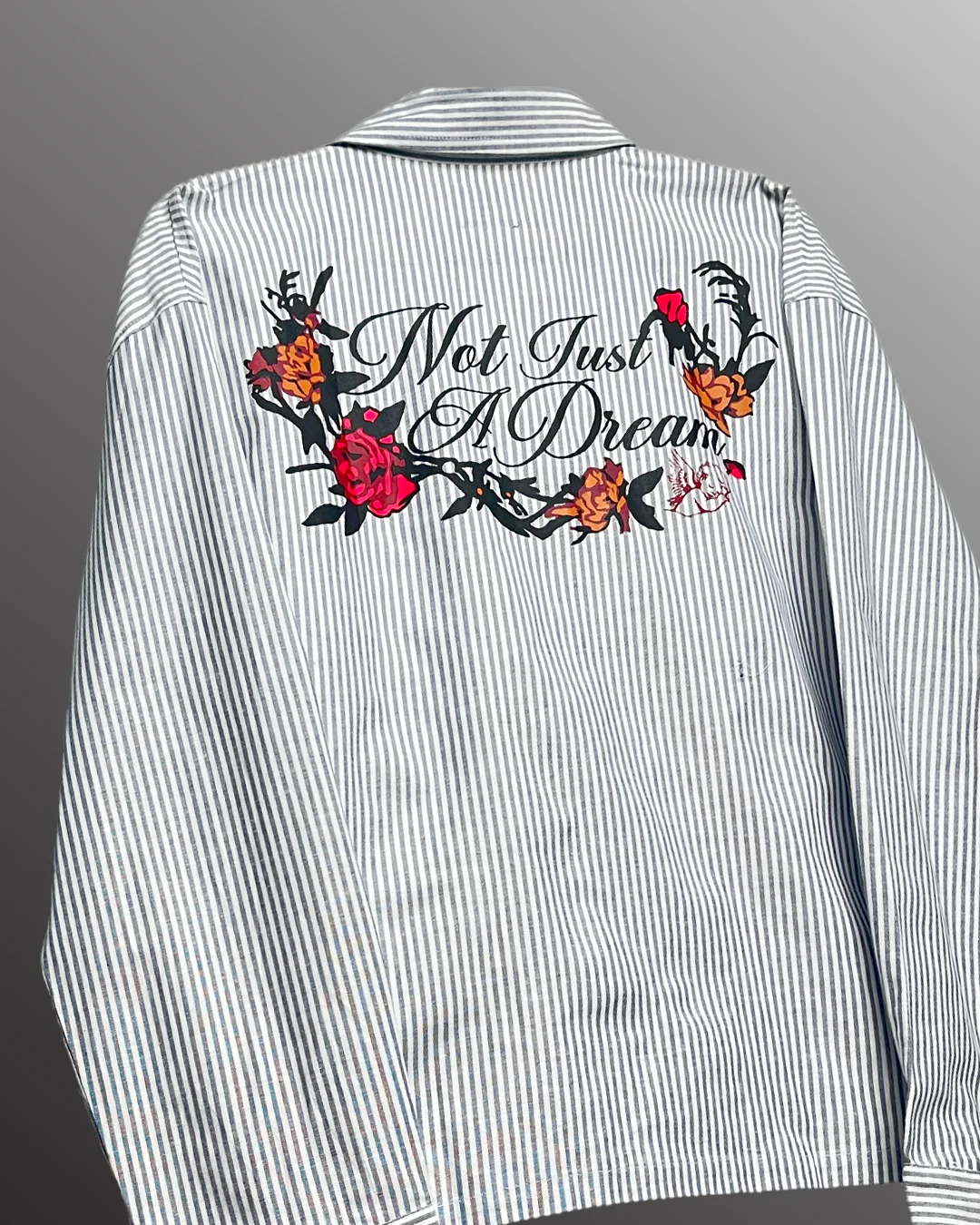 Clothav Not Just A Dream Floral Graphic White Pinstripe Oversized Shirt Jacket for Men & Women | Statement Back Print Streetwear