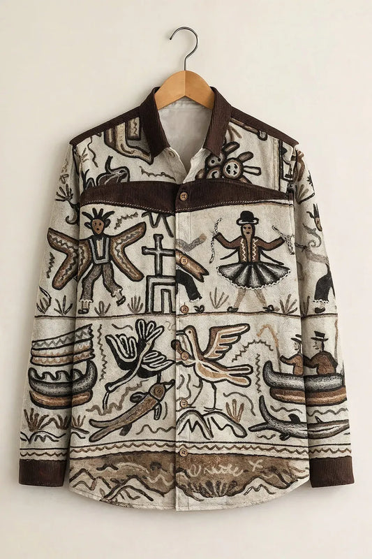 Clothav Men's Premium Beige Tribal Folk Art Printed Full Sleeve Shirt | Artistic Boho Casual Designer Shirt | XS–6XL