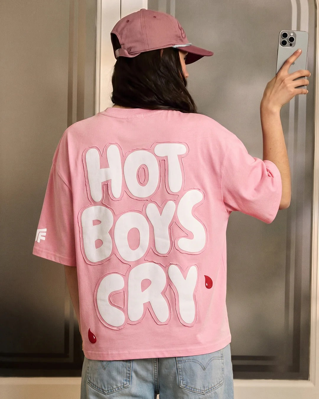 Clothav Hot Boys Cry Graphic Oversized T-Shirt for Men & Women | Pink Statement Back Print Streetwear Tee