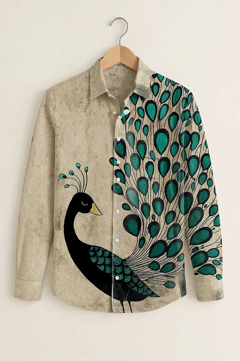 Clothav Men's Premium Beige Peacock Art Printed Full Sleeve Shirt | Artistic Bird Graphic Casual Shirt | XS–6XL