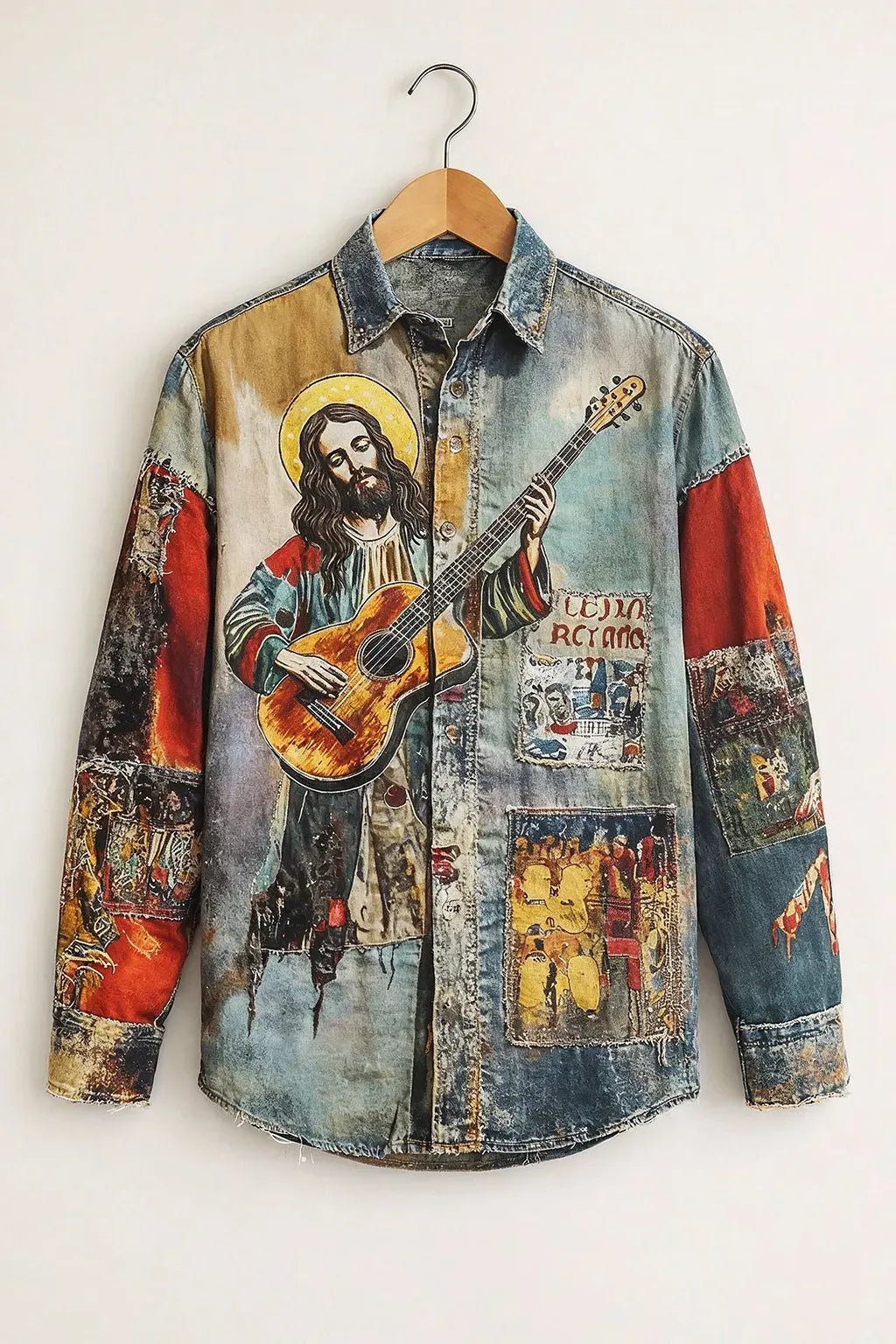 Clothav Men's Premium Vintage Guitar Art Printed Full Sleeve Shirt | Retro Artistic Casual Designer Shirt | XS–6XL