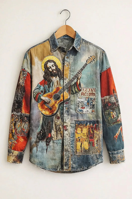 Clothav Men's Premium Vintage Guitar Art Printed Full Sleeve Shirt | Retro Artistic Casual Designer Shirt | XS–6XL