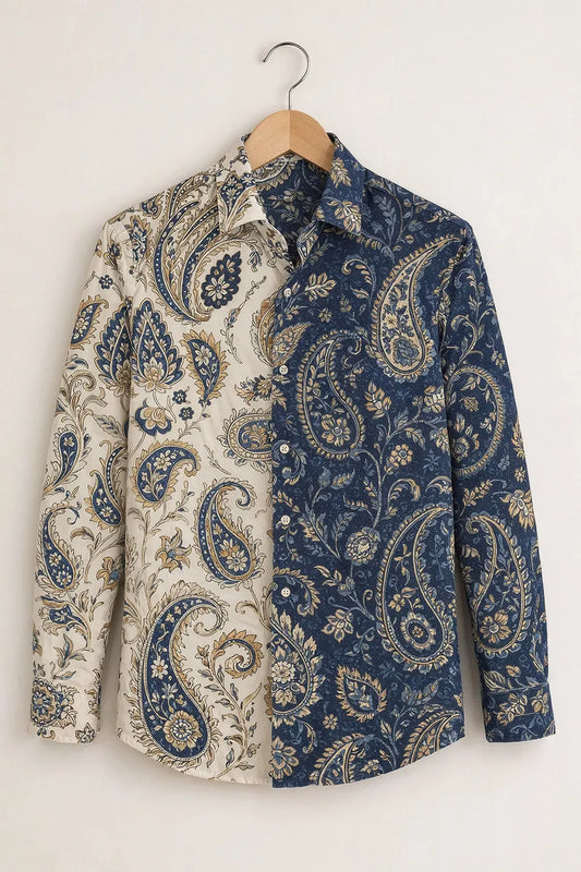Clothav Men's Premium Dual Tone Blue & Cream Paisley Printed Full Sleeve Shirt | Designer Casual Shirt | XS–6XL