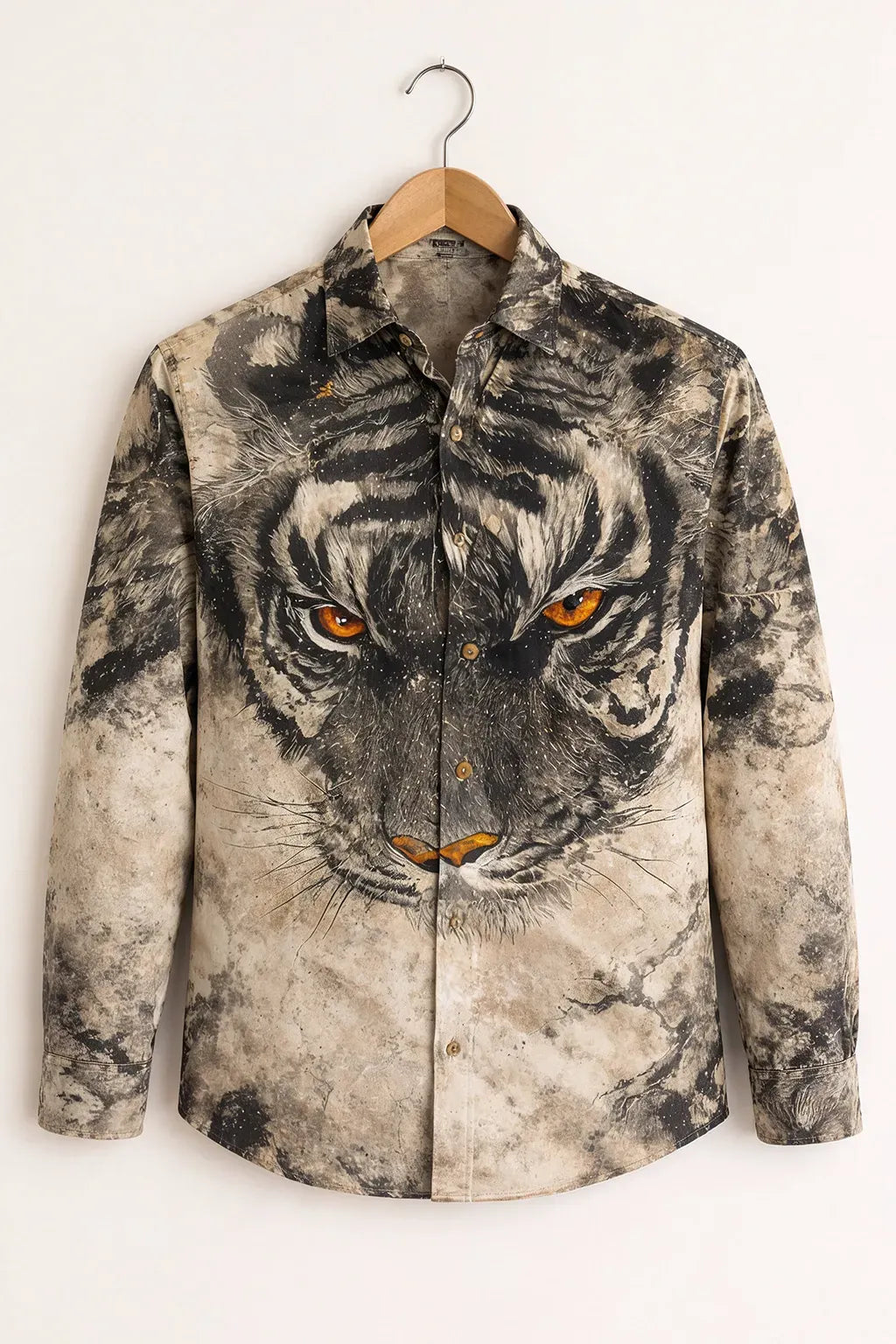 Clothav Men's Premium Black Beige Tiger Face Graphic Printed Full Sleeve Shirt | Bold Animal Art Casual Shirt | XS–6XL