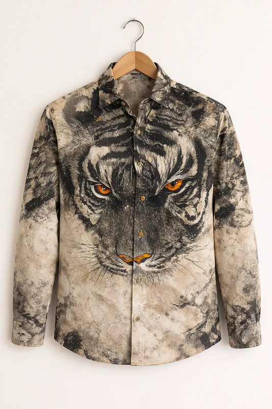 Clothav Men's Premium Black Beige Tiger Face Graphic Printed Full Sleeve Shirt | Bold Animal Art Casual Shirt | XS–6XL