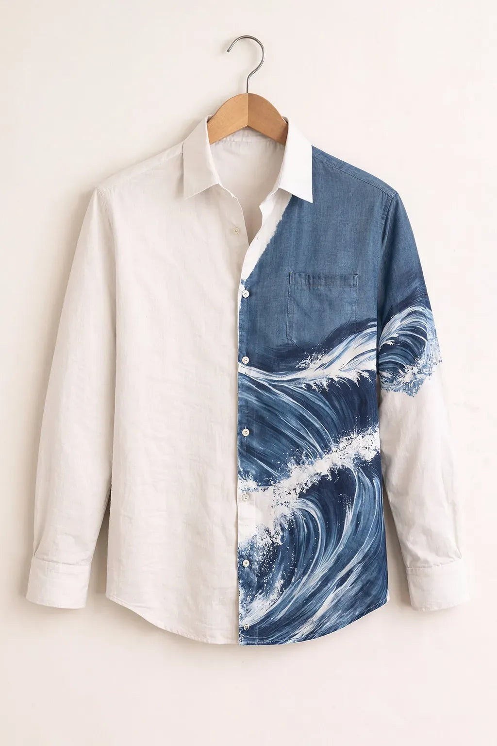 Clothav Men's Premium White & Blue Ocean Wave Printed Full Sleeve Shirt | Artistic Designer Casual Shirt | XS–6XL