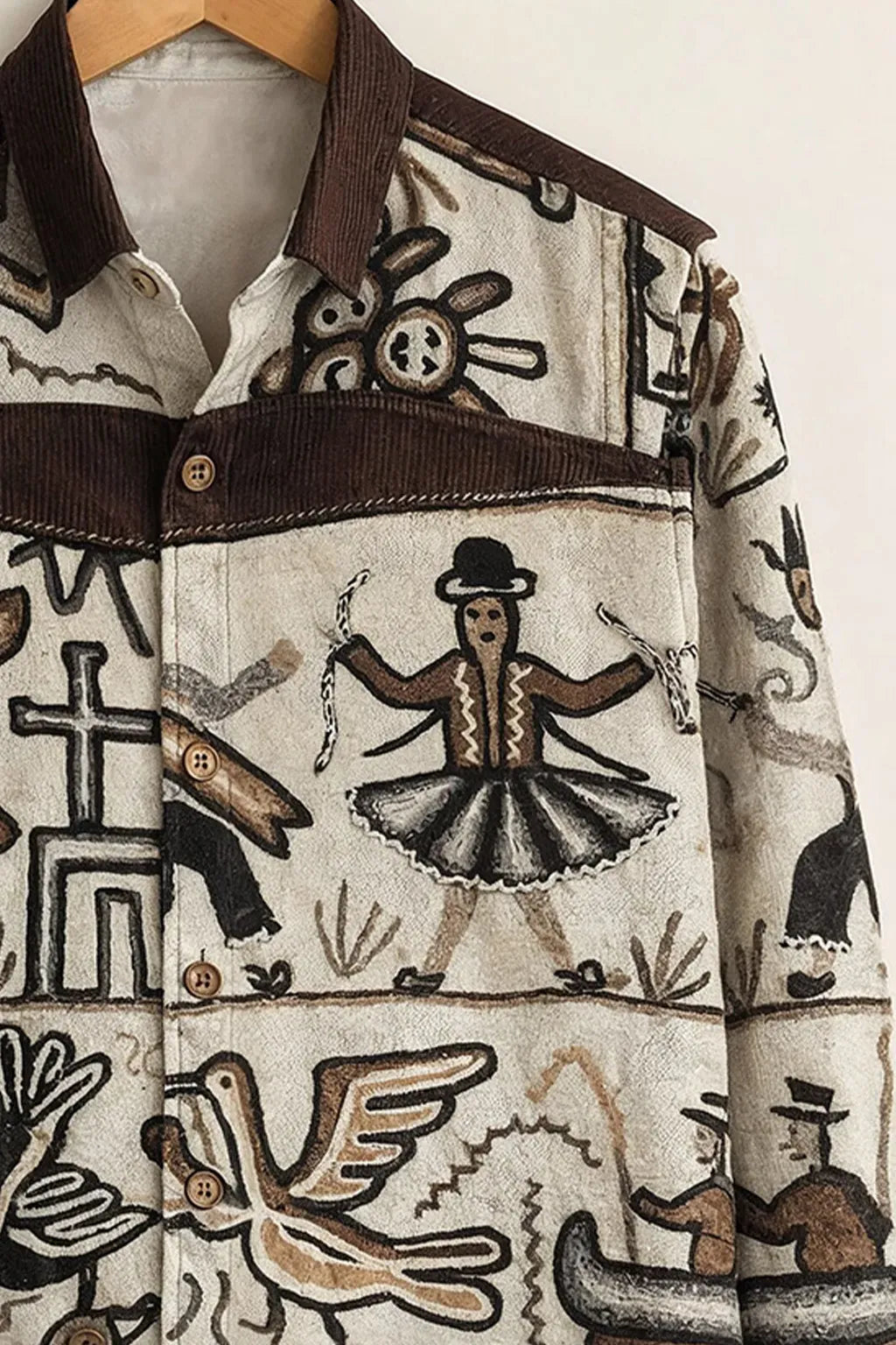 Clothav Men's Premium Beige Tribal Folk Art Printed Full Sleeve Shirt | Artistic Boho Casual Designer Shirt | XS–6XL