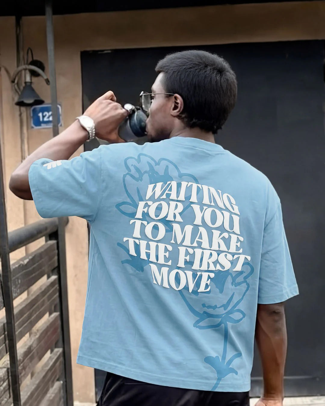Clothav Waiting For You To Make The First Move Graphic Sky Blue Oversized T-Shirt for Men & Women | Statement Back Print Streetwear