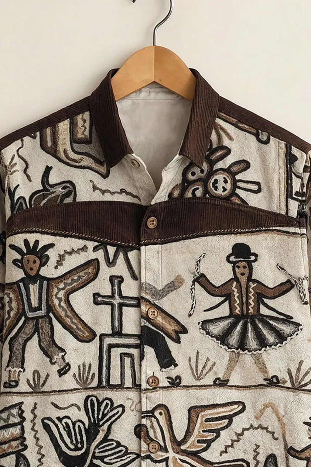 Clothav Men's Premium Beige Tribal Folk Art Printed Full Sleeve Shirt | Artistic Boho Casual Designer Shirt | XS–6XL