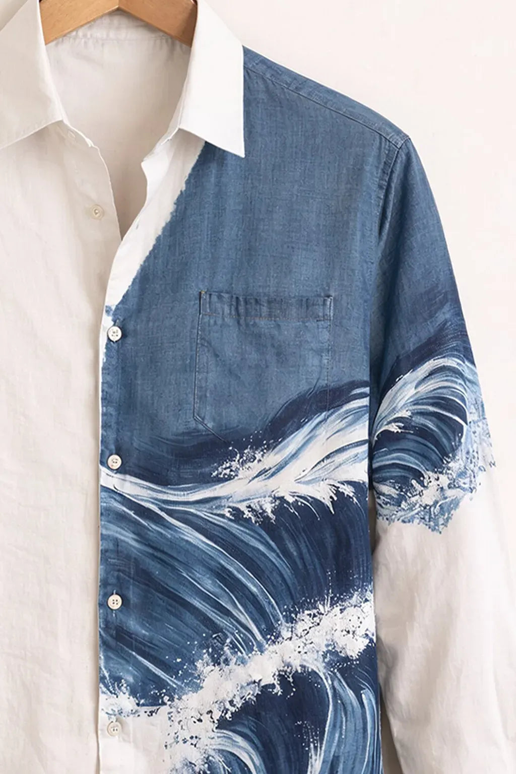Clothav Men's Premium White & Blue Ocean Wave Printed Full Sleeve Shirt | Artistic Designer Casual Shirt | XS–6XL