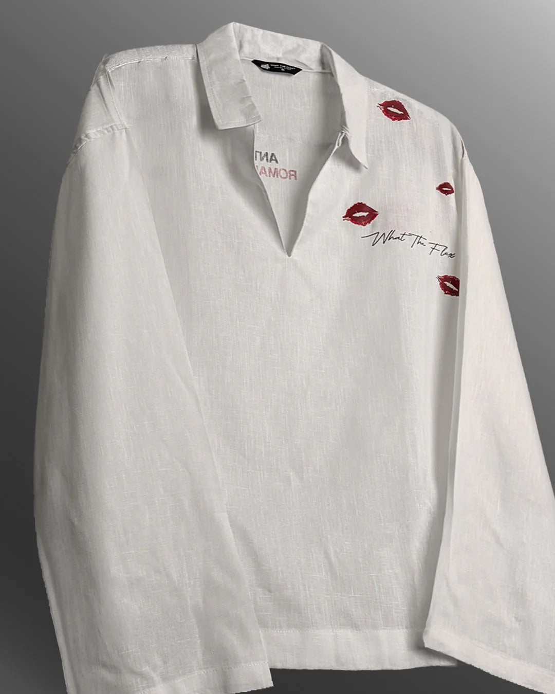 Clothav Anti Romantic Kiss Print White Oversized Shirt Jacket for Men & Women | Graphic Back Print Casual Streetwear