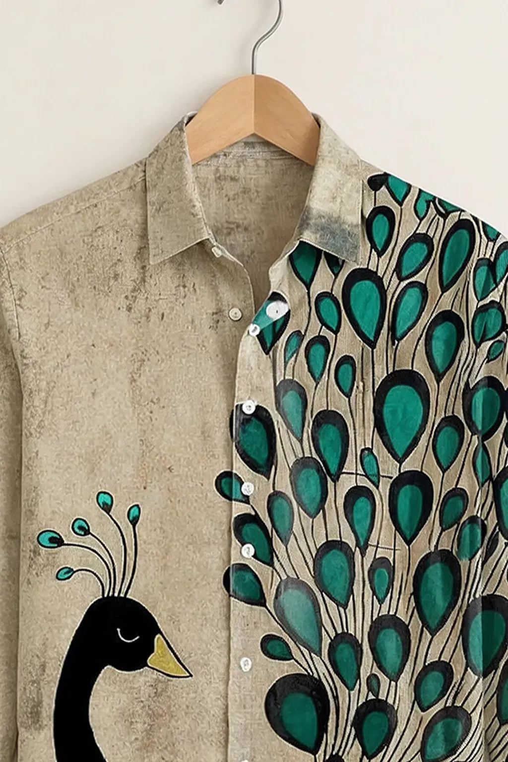 Clothav Men's Premium Beige Peacock Art Printed Full Sleeve Shirt | Artistic Bird Graphic Casual Shirt | XS–6XL