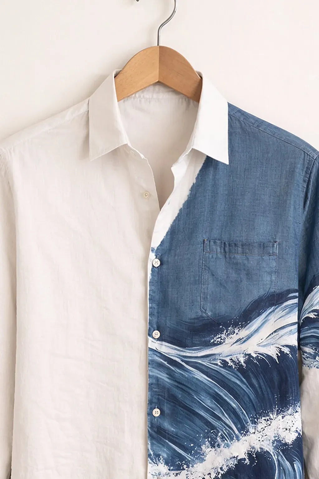 Clothav Men's Premium White & Blue Ocean Wave Printed Full Sleeve Shirt | Artistic Designer Casual Shirt | XS–6XL