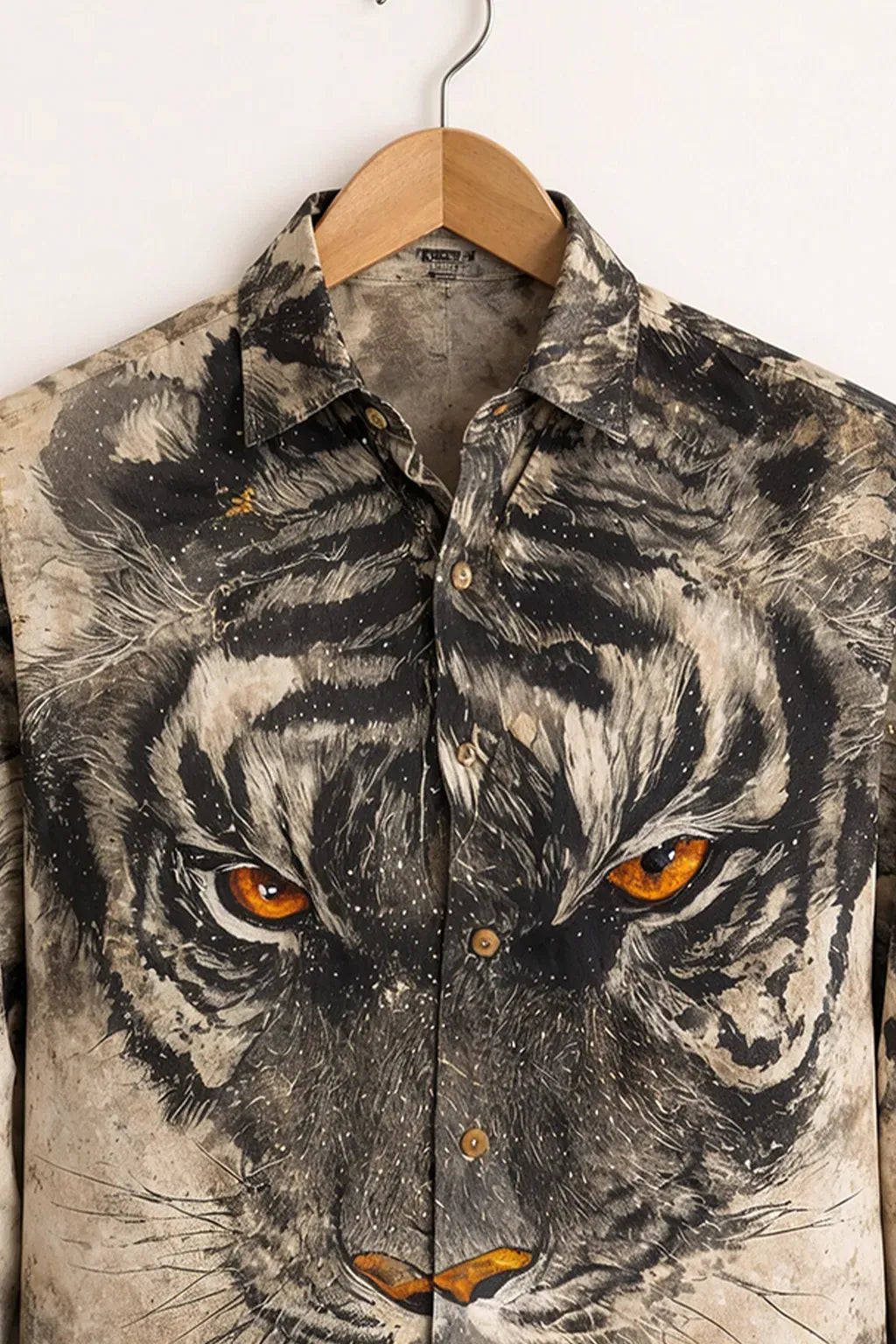 Clothav Men's Premium Black Beige Tiger Face Graphic Printed Full Sleeve Shirt | Bold Animal Art Casual Shirt | XS–6XL