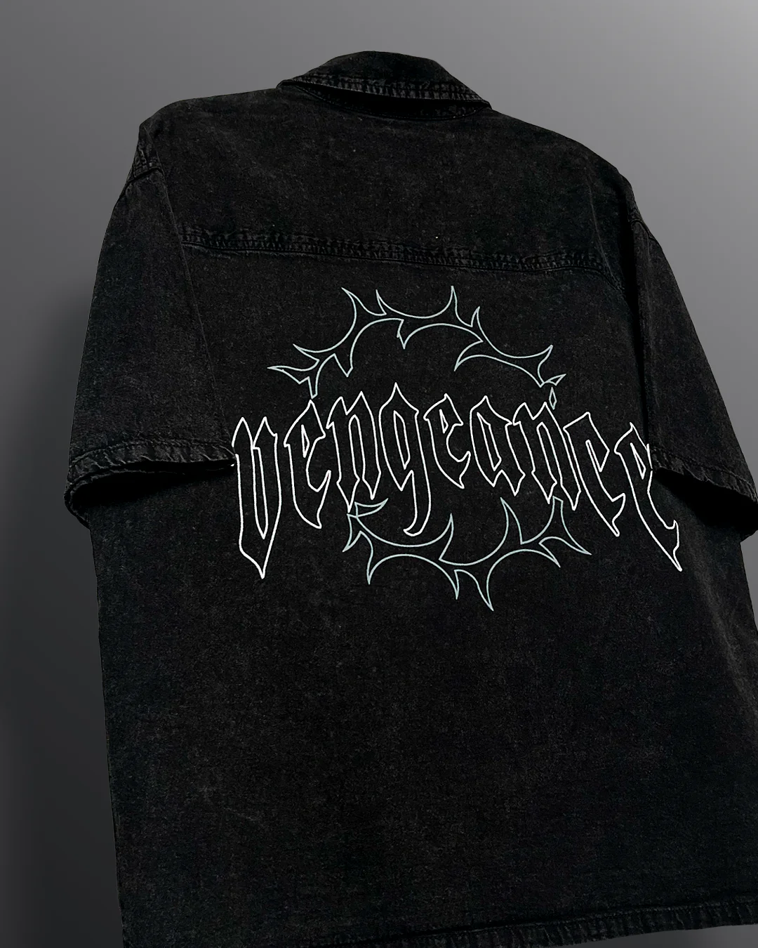 Clothav What The Flex Black Washed Denim Oversized Half Sleeve Shirt for Men & Women | Minimal Graphic Streetwear