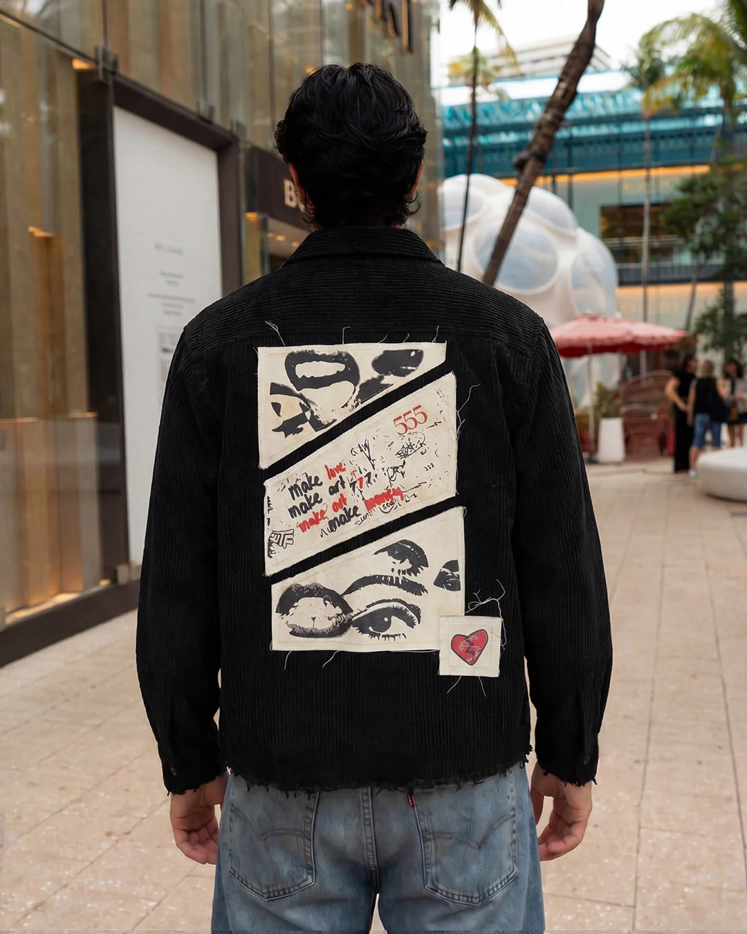 Clothav Abstract Eyes Patchwork Black Corduroy Oversized Shirt Jacket for Men & Women | Artistic Graphic Back Print Streetwear
