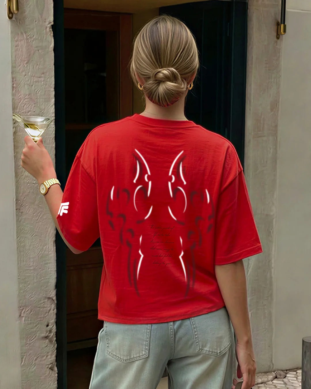 Clothav Tribal Flame Graphic Red Oversized T-Shirt for Men & Women | Abstract Back Print Streetwear
