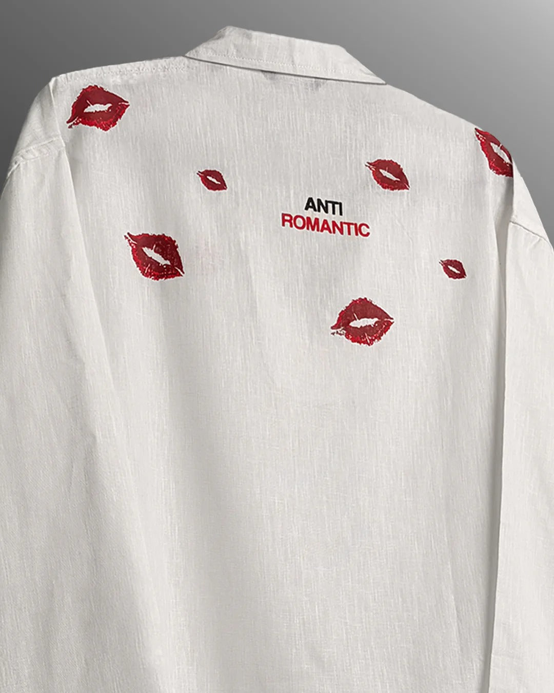 Clothav Anti Romantic Kiss Print White Oversized Shirt Jacket for Men & Women | Graphic Back Print Casual Streetwear